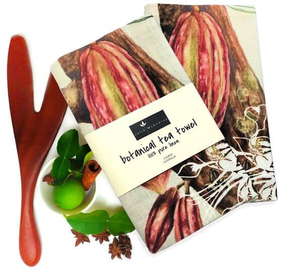 Australian Pure Linen Tea Towel with Botanical Print - Theobroma cacao Cocoa Bean Chocolate Plant by Julie McEnerny