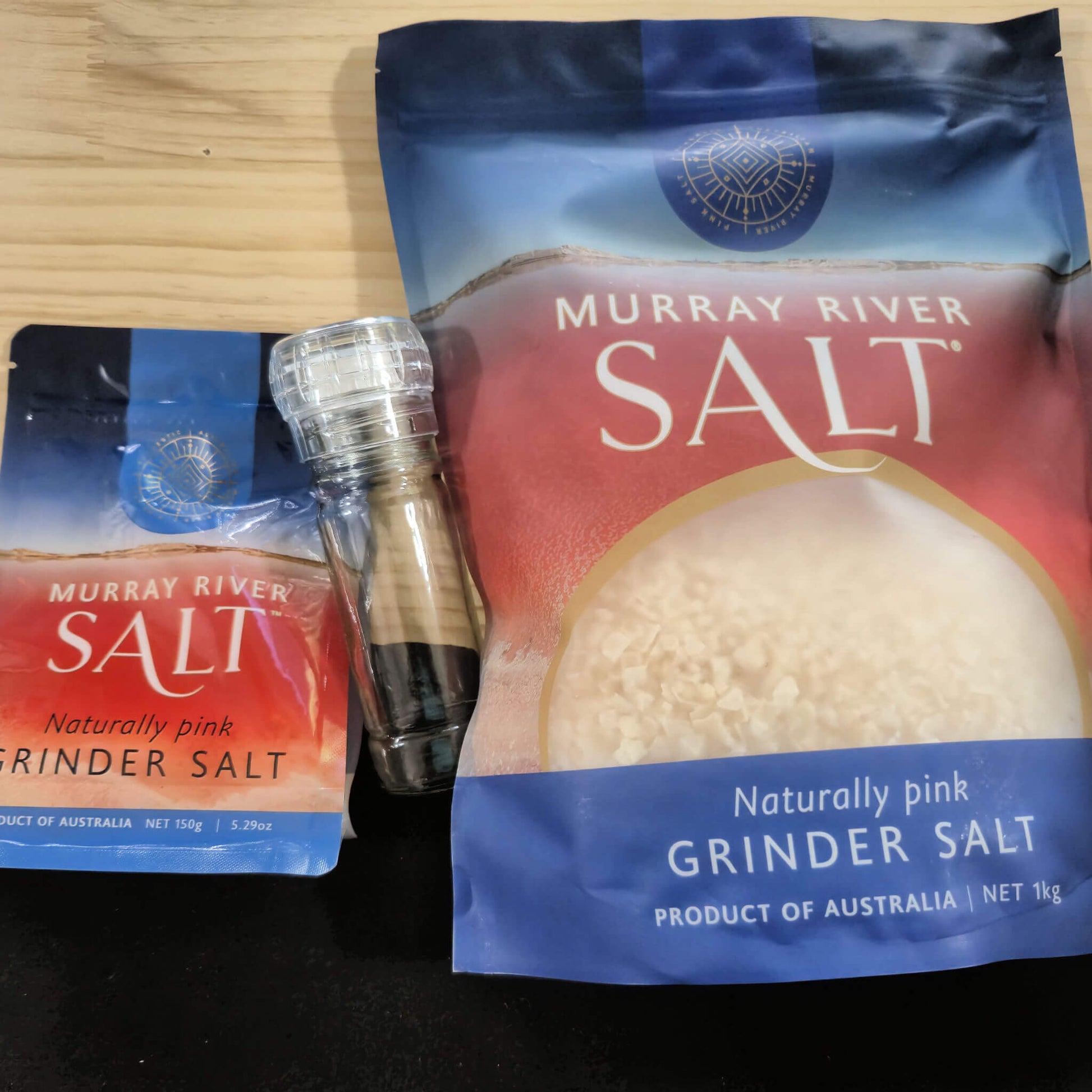 Murray River Pink Rock Salt 150g pouch and 1kg pouch plus clear glass grinder