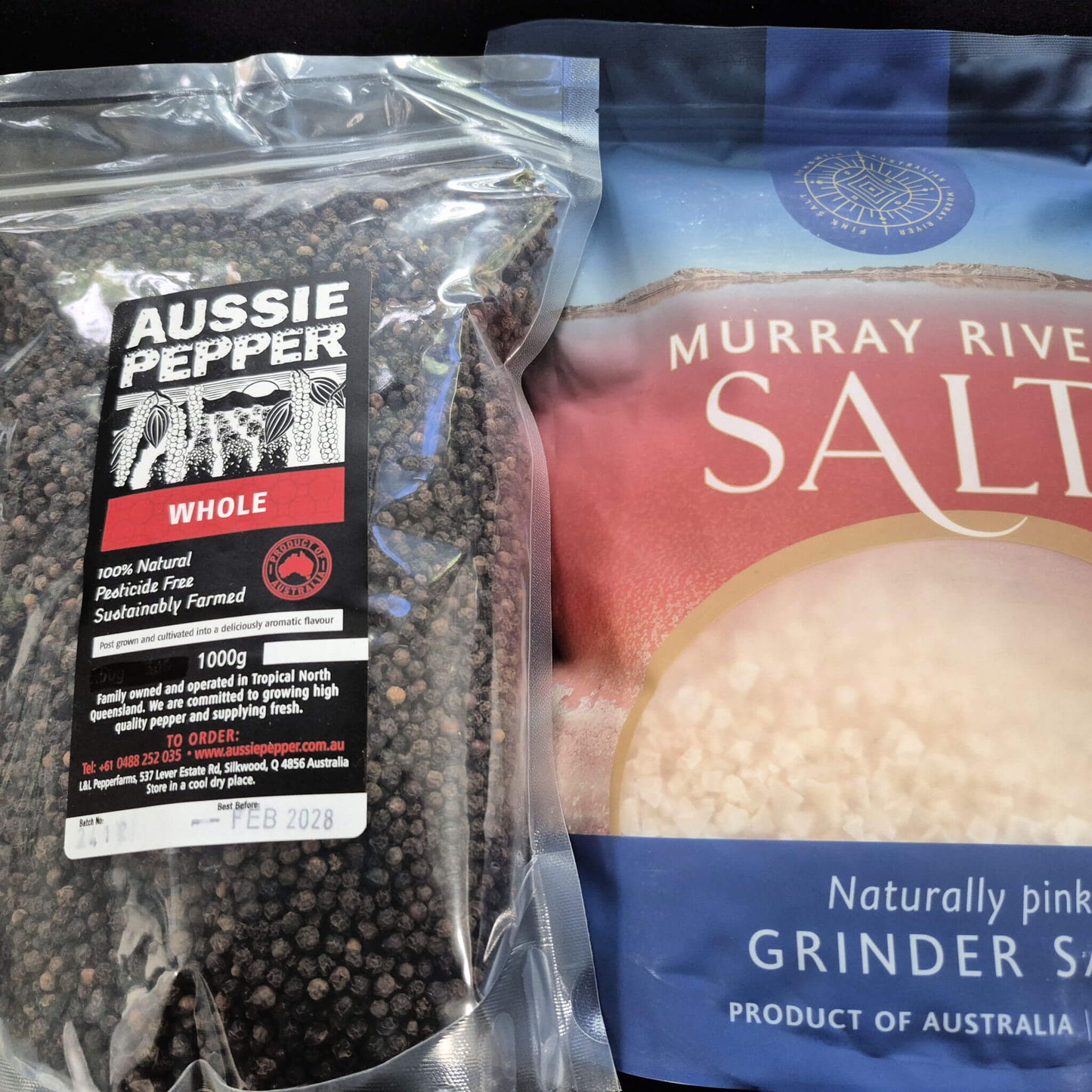 Whole Aussie Pepper 1kg Pouch plus Murray River Pink Rock Salt 1kg Pouch