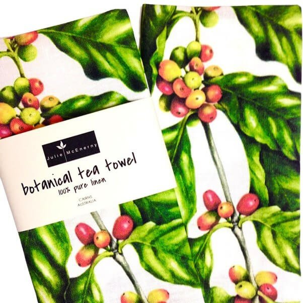 Pure Linen Tea Towel with Australian Botanical Print -  Coffea arabica, the coffee plant, drawn by artist Julie McErny