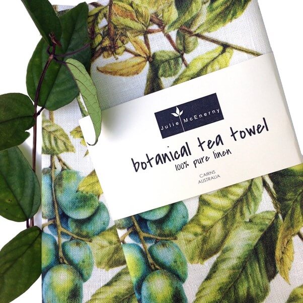Australian Pure Linen Tea Towel with Botanical Print - Davidsonia pruriens - native davidson plum drawn by artist Julie McEnerny