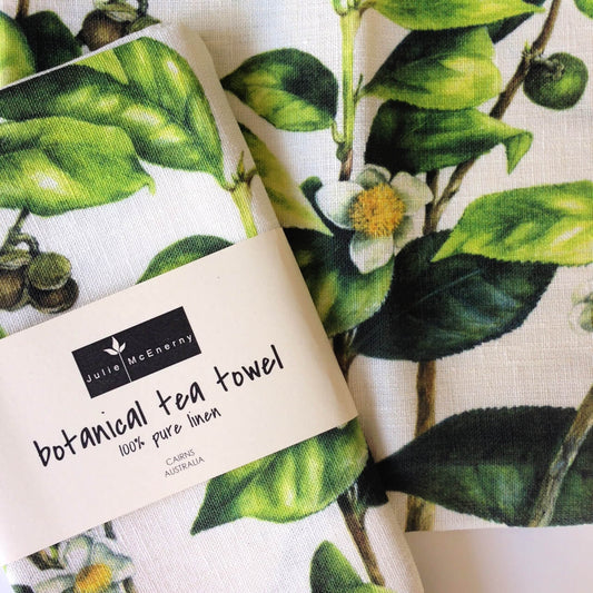 Australian 100% Pure Linen Tea Towel with Botanical Print - camellia sinensis tea plant by Julie McEnerny